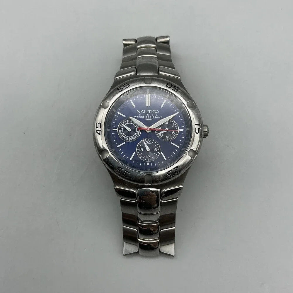 Nautica Steel Mens Watch 39mm Silver Tone Blue Dial Day Date New Battery 7
